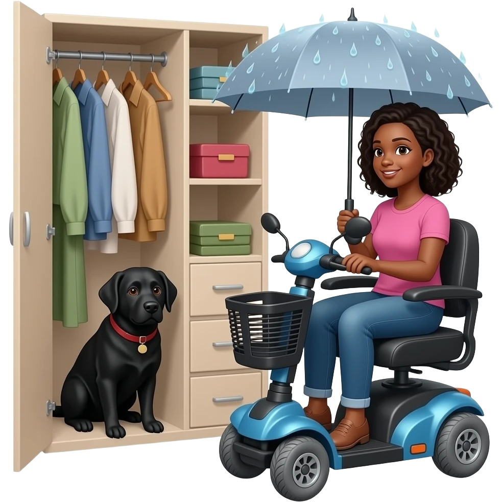 Female Black lab hiding in large clothes walkin closet with black skinned female owner sitting  on  mobility scooter during bad weather emoji