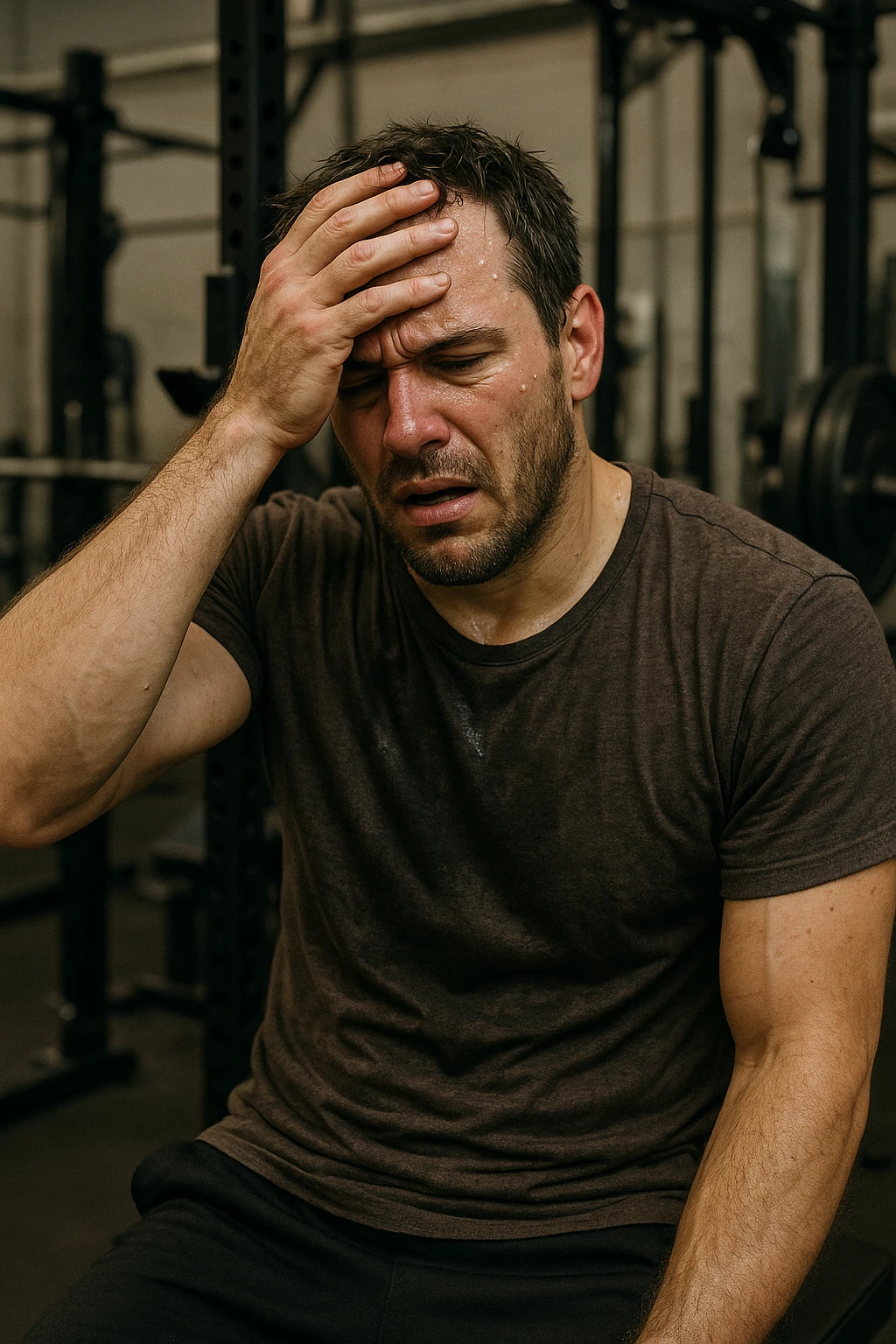 uomo in overreaching in palestra per il troppo volume di allenamento emoji