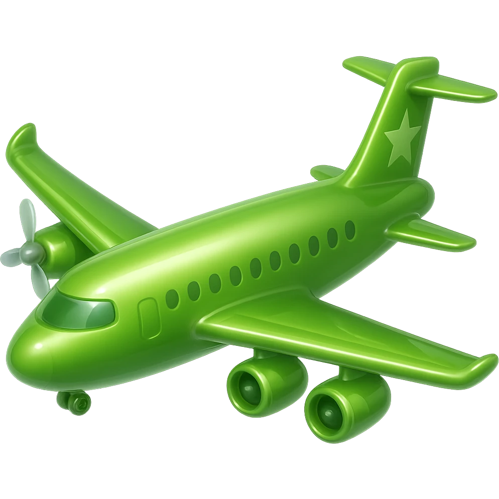Make the light green airplane look like the glossy green cube in the reference image, keep one turbine on each wing, no background, in the style of apple emojis. emoji