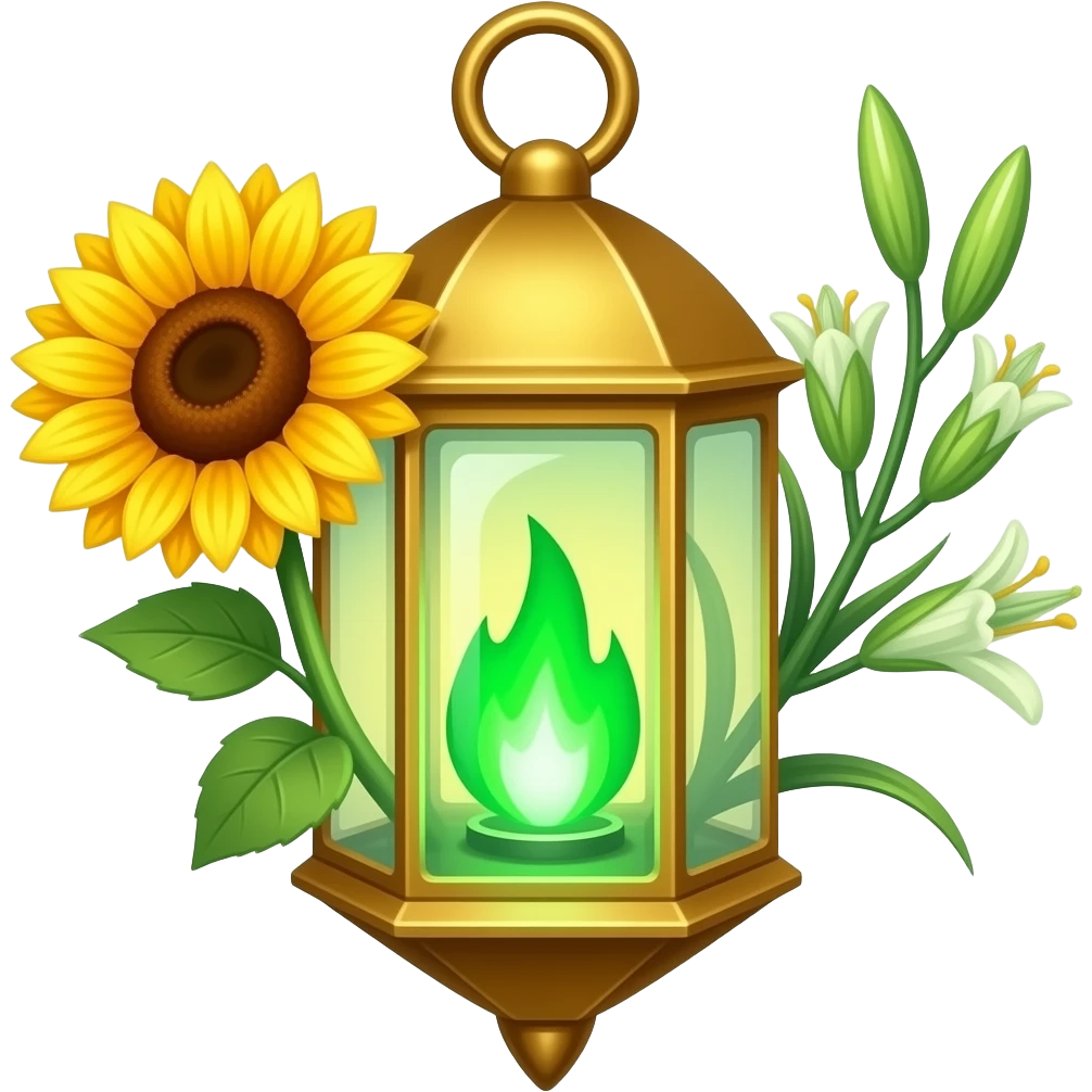A golden hanging lantern with a bright emerald flames, no loop or handle on top, blooming sunflower (l) & asphodel (r) wrapping it, focus more on the green fire, paint the glass more green, have its bottom point come to some sort of point emoji