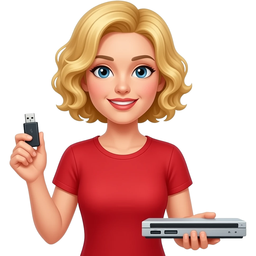 short blonde tight curly hair bob with a USB and DVD player in a red short sleeve shirt emoji
