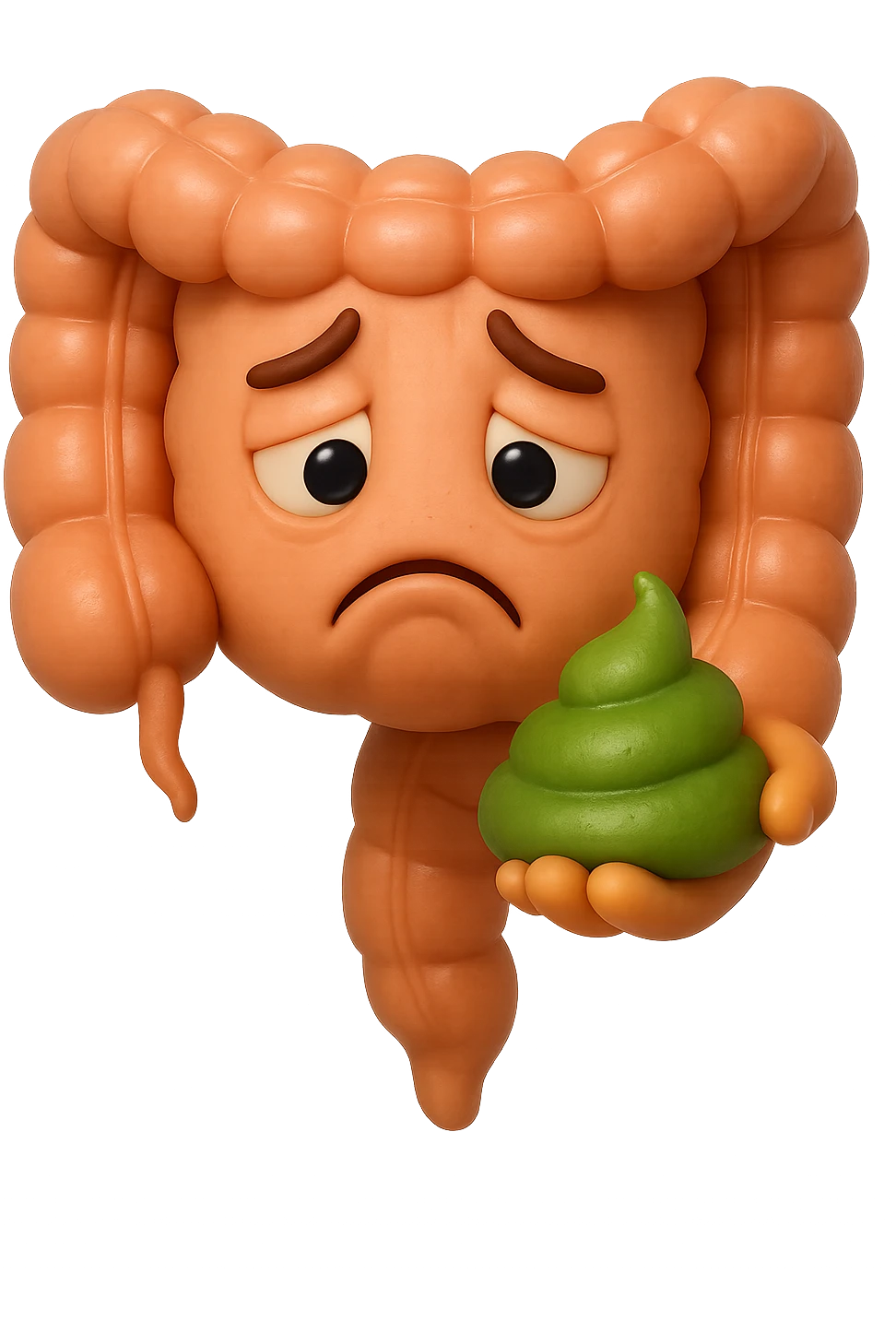 emoji stile iphone 3d di un intestino con espressione triste con cacca verde e liquida in mano, iperrealistiche 4k emoji