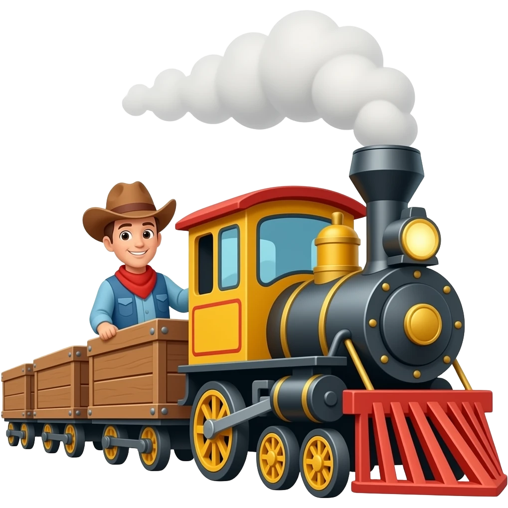 A icon showing a cartoon train with a cowboy hat pulling wagons emoji