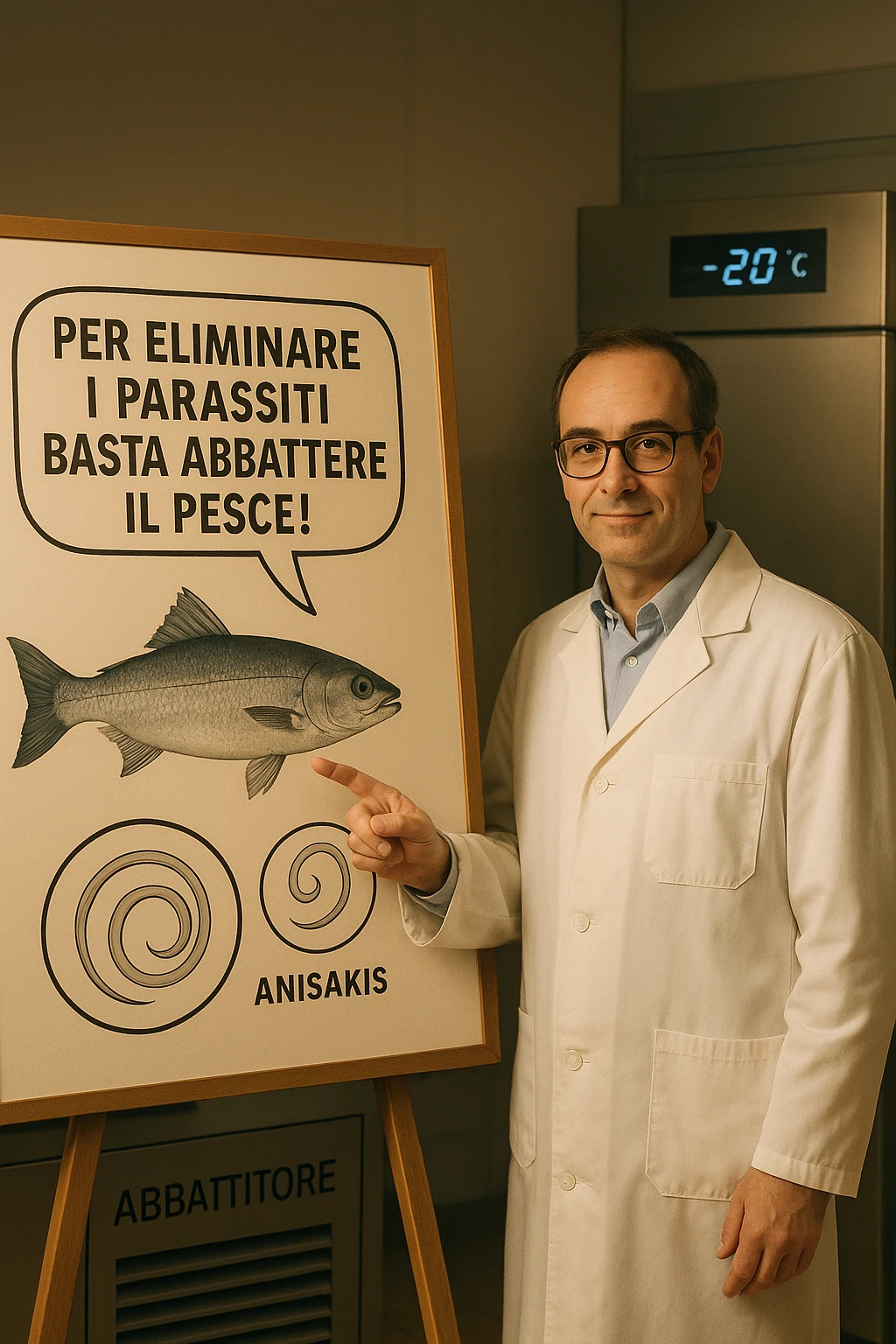 cinematic a scientist in a white lab coat stands beside a large poster showing a fish and a diagram of the Anisakis parasite. The scientist points to a speech bubble that says, “Per eliminare i parassiti basta abbattere il pesce!” In the background, a blast freezer is visible, with a temperature gauge set to -20°C. The mood is informative and reassuring. In italiano emoji