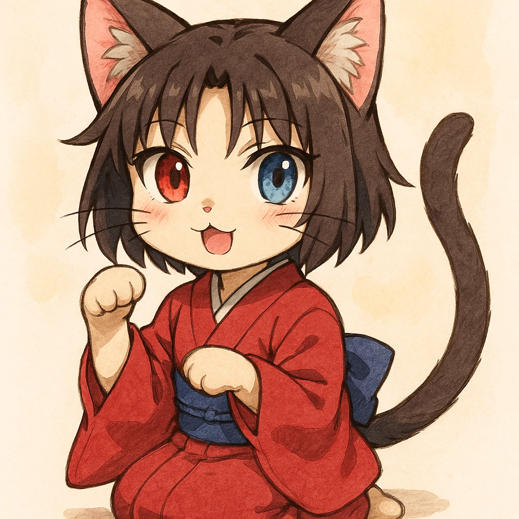 Ryougi Shiki as a cat, inspired by anime character design, with short dark hair, heterochromia, and a kimono, in a cute and expressive pose emoji