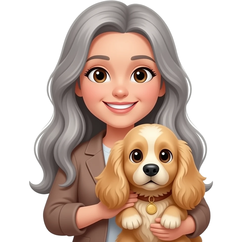 smiling brunette smiling lady with long grey hair holding a golden cocker spaniel emoji
