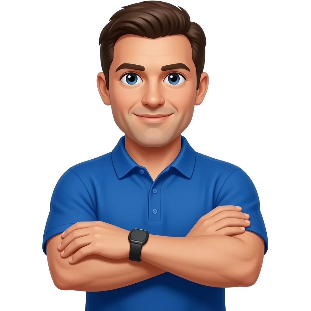 football coach in a blue shirt looking at his forearm emoji