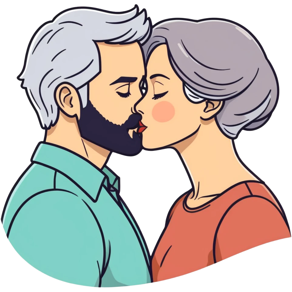 Grey haired bearded man and pretty brunette woman kissing  emoji