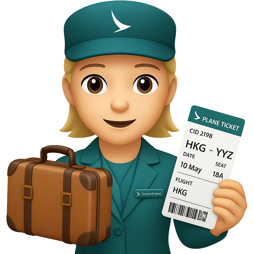 A person holding a suitcase and a plane ticket, requesting for travel duty flight, colorful and vibrant, wearing a Cathay Pacific uniform, in the style of iOS emoji emoji
