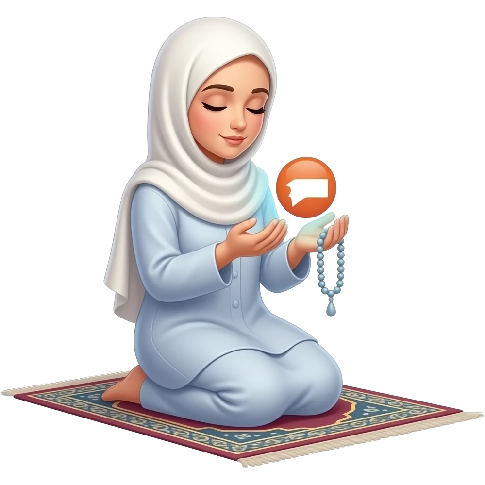 An ethereal Muslim woman, prayed position, closed eyes, wearing a soft white satin hijab, tasbih, prayer rug, gently cupping a luminous Patreon logo (the round 'P' icon) made of liquid light. Text bubble from mind: 'WHAT DO THEY GET IN?'. Isolated on white, magical stardust, 3D icon style emoji