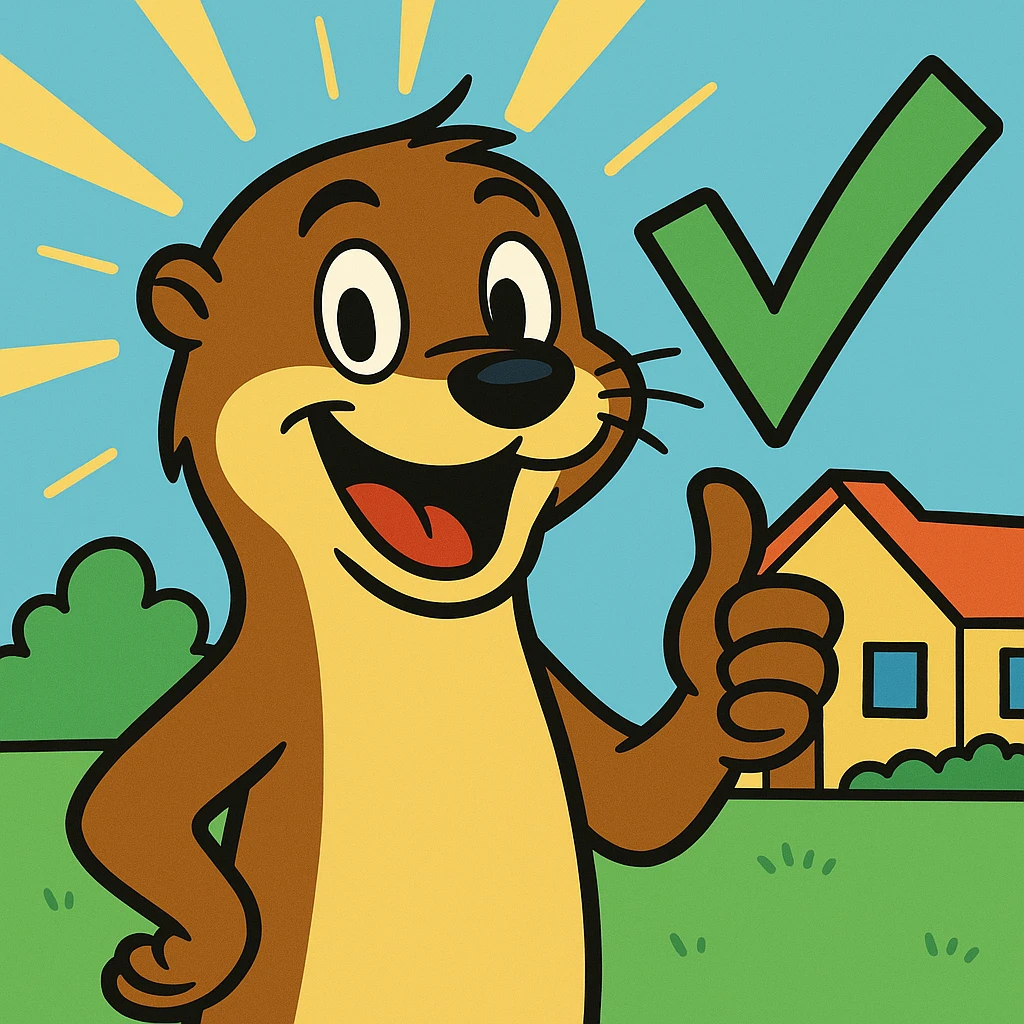 otter giving a thumbs up with a checkmark and rays of approval in the background, cartoon style emoji