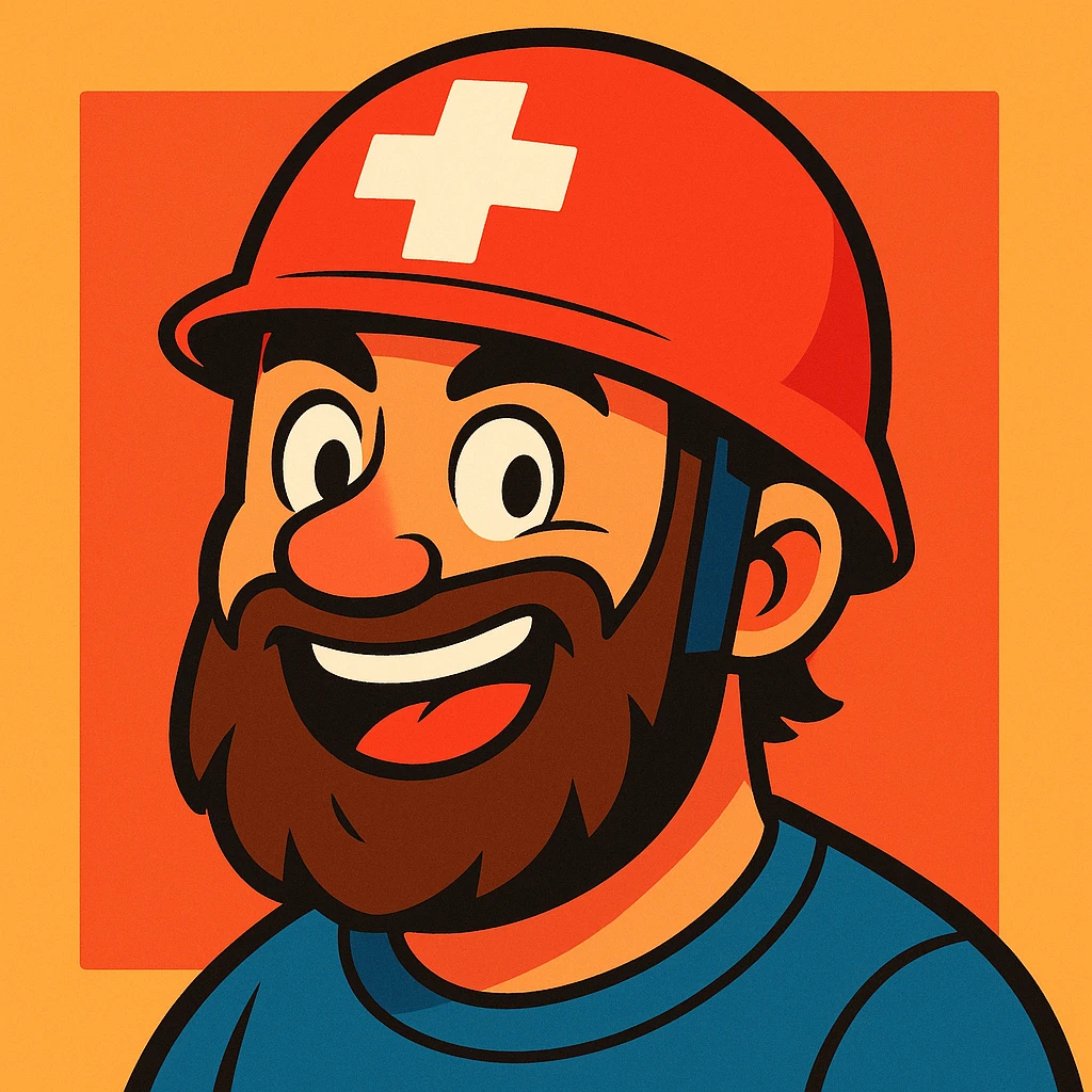 bearded man with a red medic helmet, cartoon style, expressive face, white cross on helmet, simple background emoji