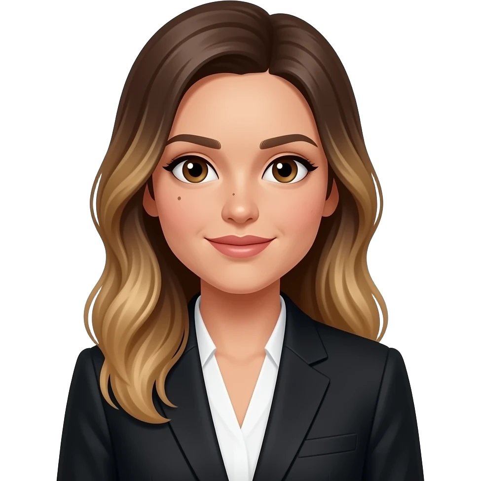 woman-with-black-suit-valayage hair long and warmth skin color big nose and shape big faces and has small pimple in left , i also have the mole in face near nose small one emoji