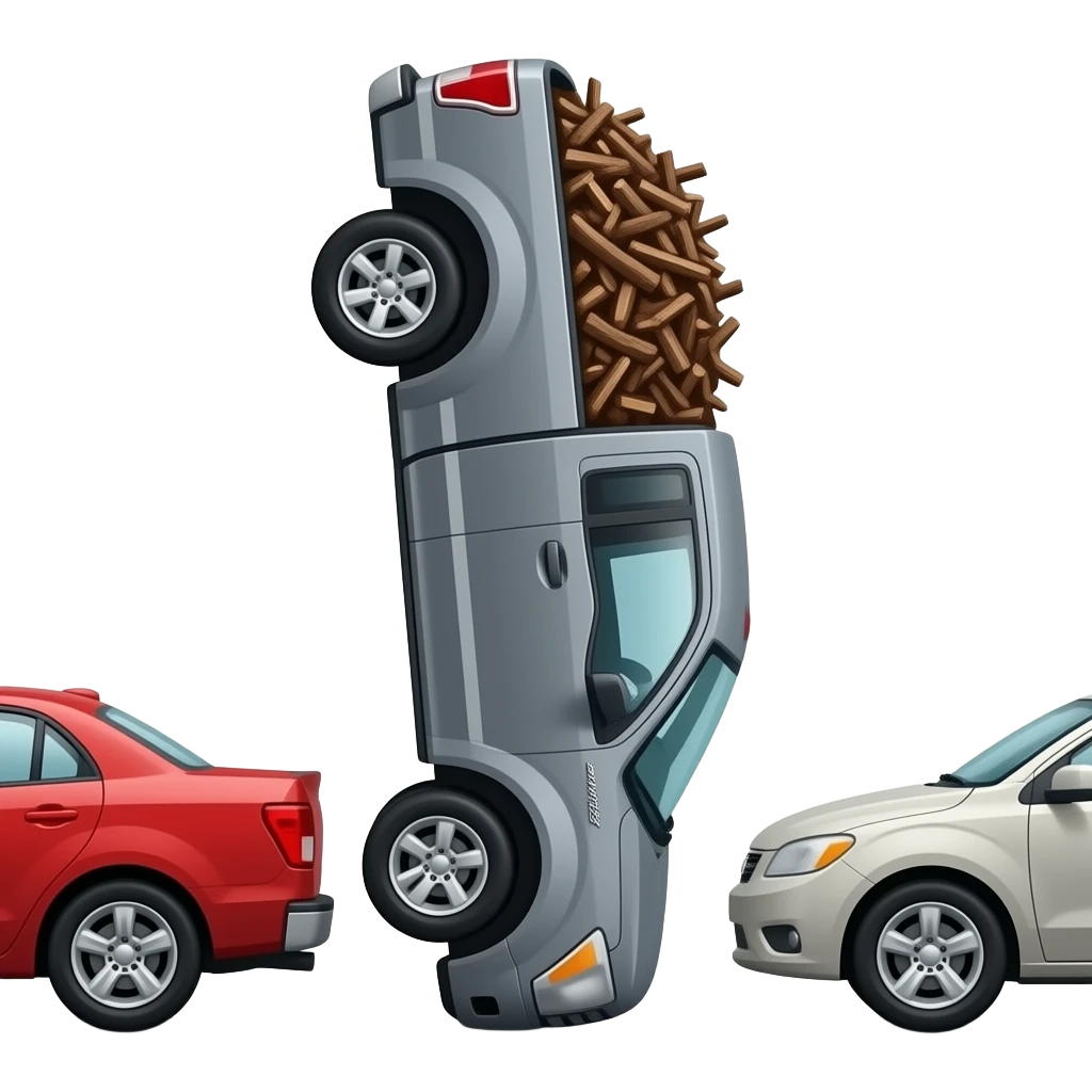 Put this emoji between to cars Gray F150 with full of bark chips in the back upside down in between two other cars emoji