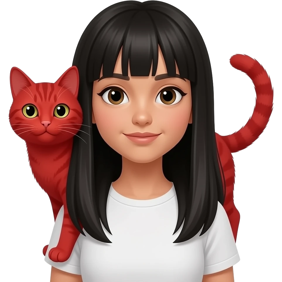 Une fille adolescente avec une peau "tan skin" avec des cheveux lisses très longs noir style clean girl avec un chat roux emoji