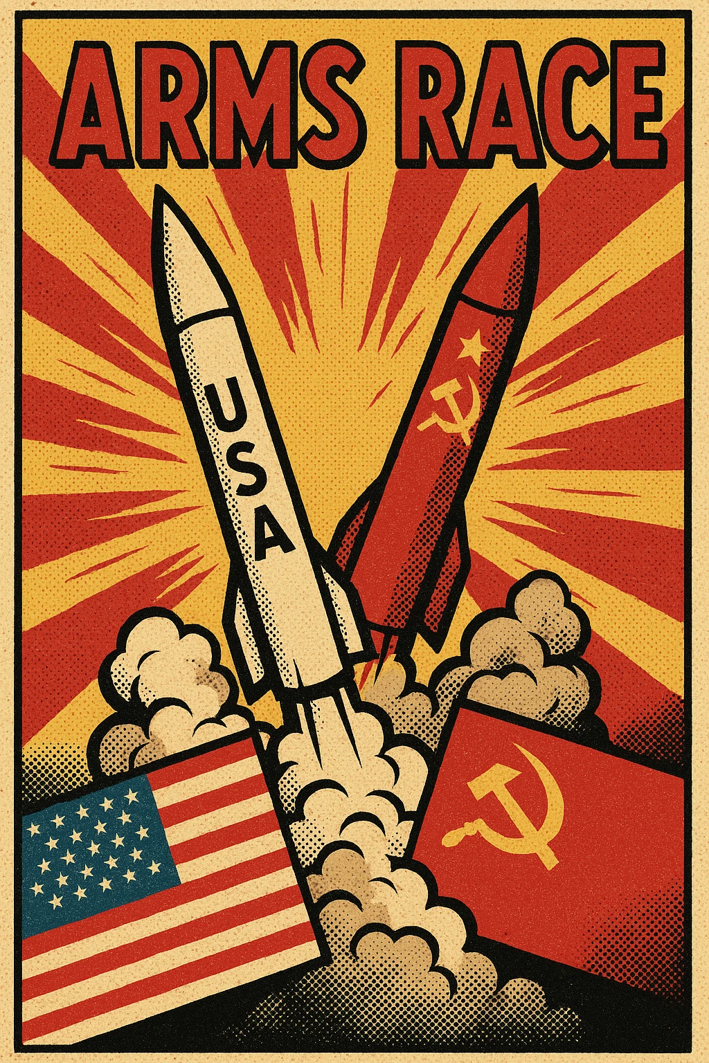 An poster showing the image of an ARMS RACE between the USA and Soviet Union during the Cold War with images of nuclear missiles emoji