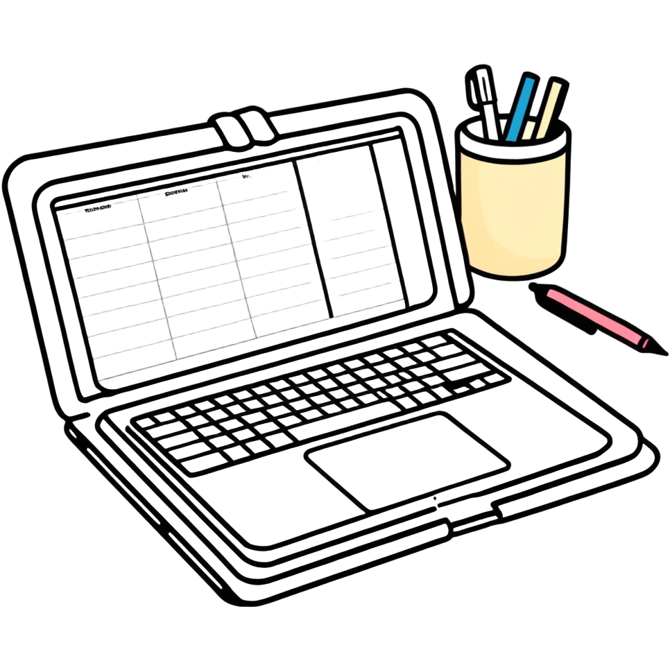 A planner with a pen next to the Macbook emoji