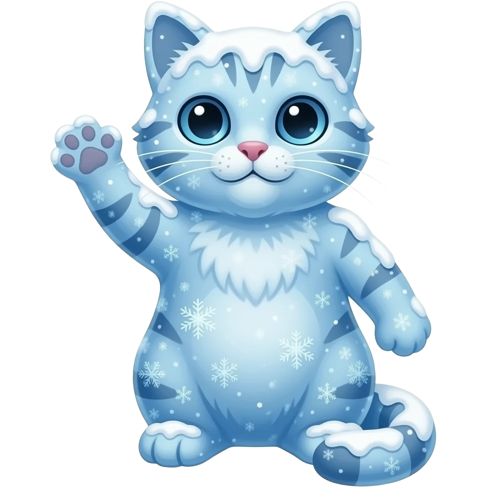 a cat which is made from ice snow and snowflakes and covered from frost saying hi emoji