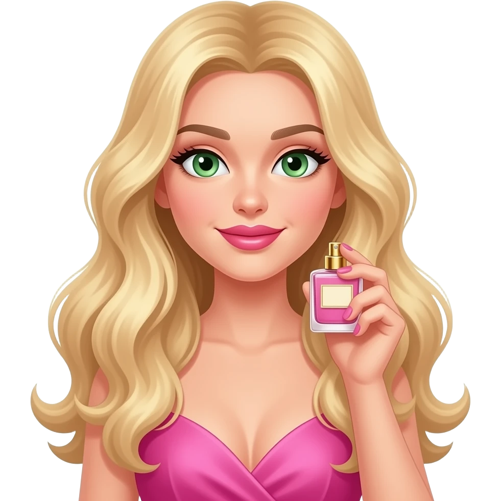 White girl, green eyes, very long wavy blonde hair, pink lips, sexy pink dress, applying her pink perfume with the gold cap. emoji