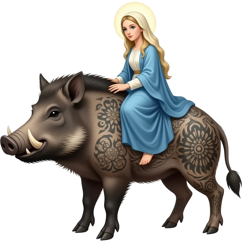 cinematic surrealistic - a tattooed boar with very thin long legs from a painting by Salvador Dali carries the ethereal artist Madonna on its back emoji