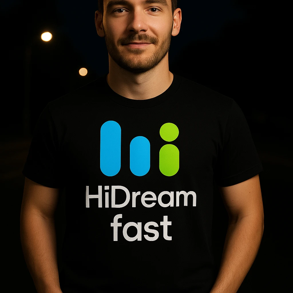 man wearing tshirt with this logo, dark night background with dim , add fast below logo emoji