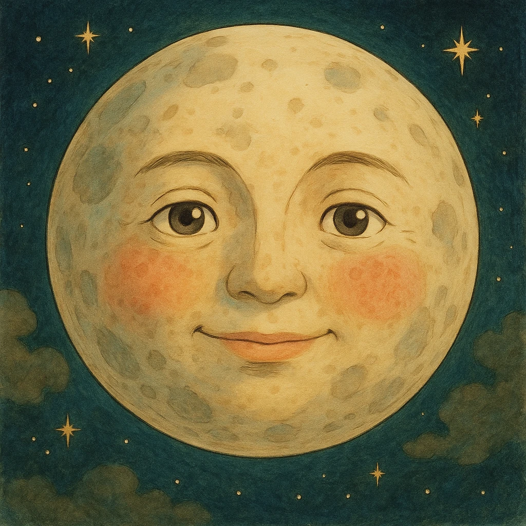 moon face, detailed, soft lighting, whimsical, ghibli style illustration emoji