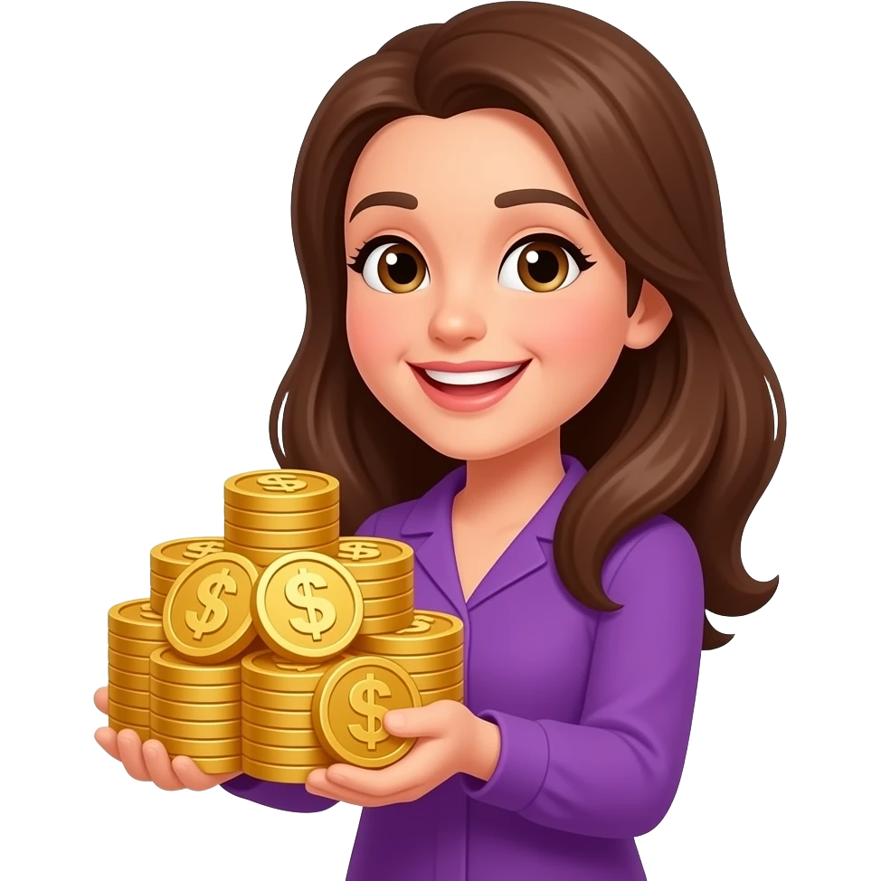 Счастливая женщина с кучей золота без валюты и значков на деньгах  свитки в фиолетовой одежде emoji