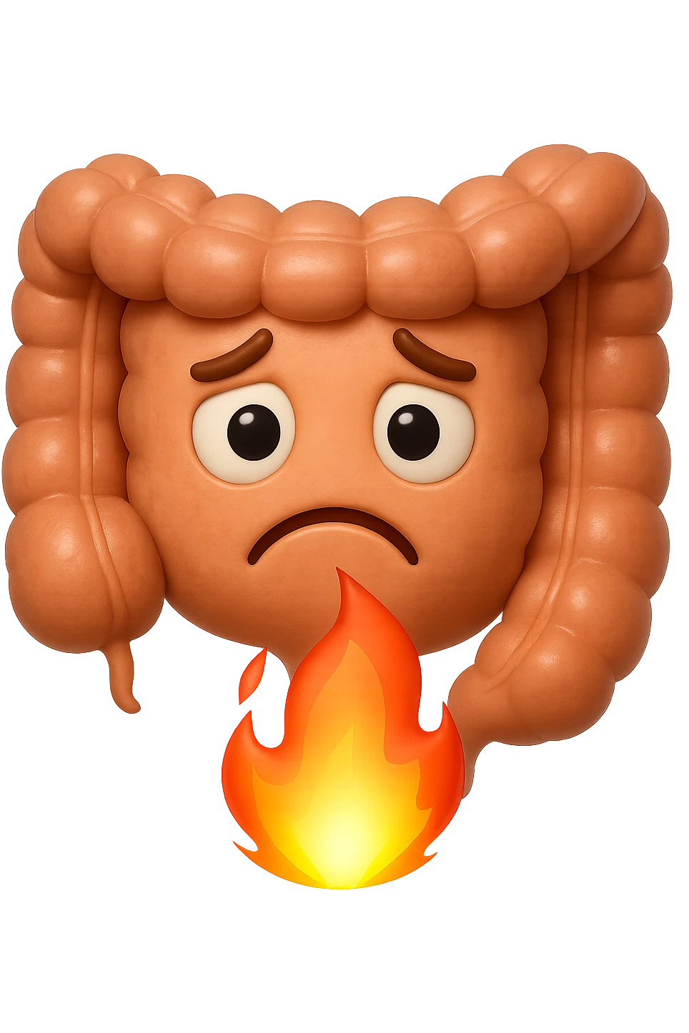 EMOJI STILE IPHONE 3D DI BATTERI INTESTINALI 3D CON ESPRESSIONE TRISTE  IN VOLTO MENTRE SOTTO DI LORO BRUCIA UNA FIAMMA, FAGLI ANCHE LA PARTE BIANCA DEGLI OCCHI, NON SOLO LA PUPILLA emoji