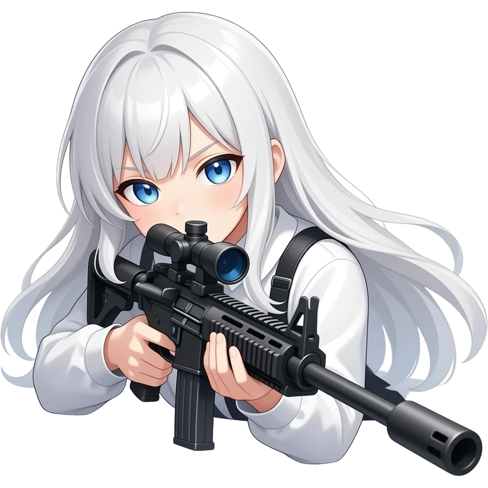 Anime girl with long white hair, blue eyes, intense expression, holding a sniper rifle, lying prone in a focused shooting position, subtle breathing motion, hair slightly moving in the wind, eyes locked on target, calm but deadly aura, soft ambient lighting, minimal background, cinematic anime style emoji