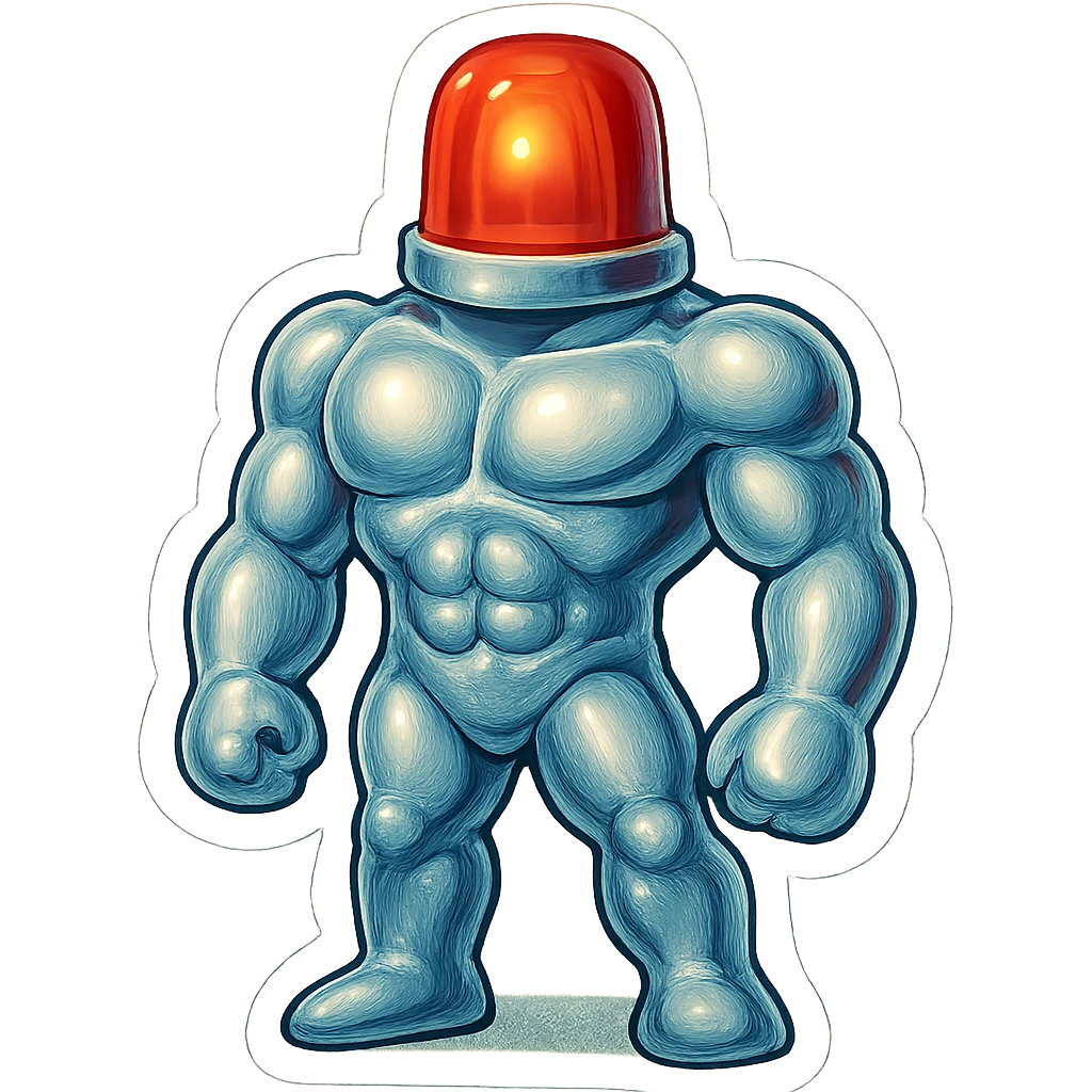 silver muscular robot with a red police light head, standing at attention in a 3/4 view but facing more forward, retro stickers style emoji
