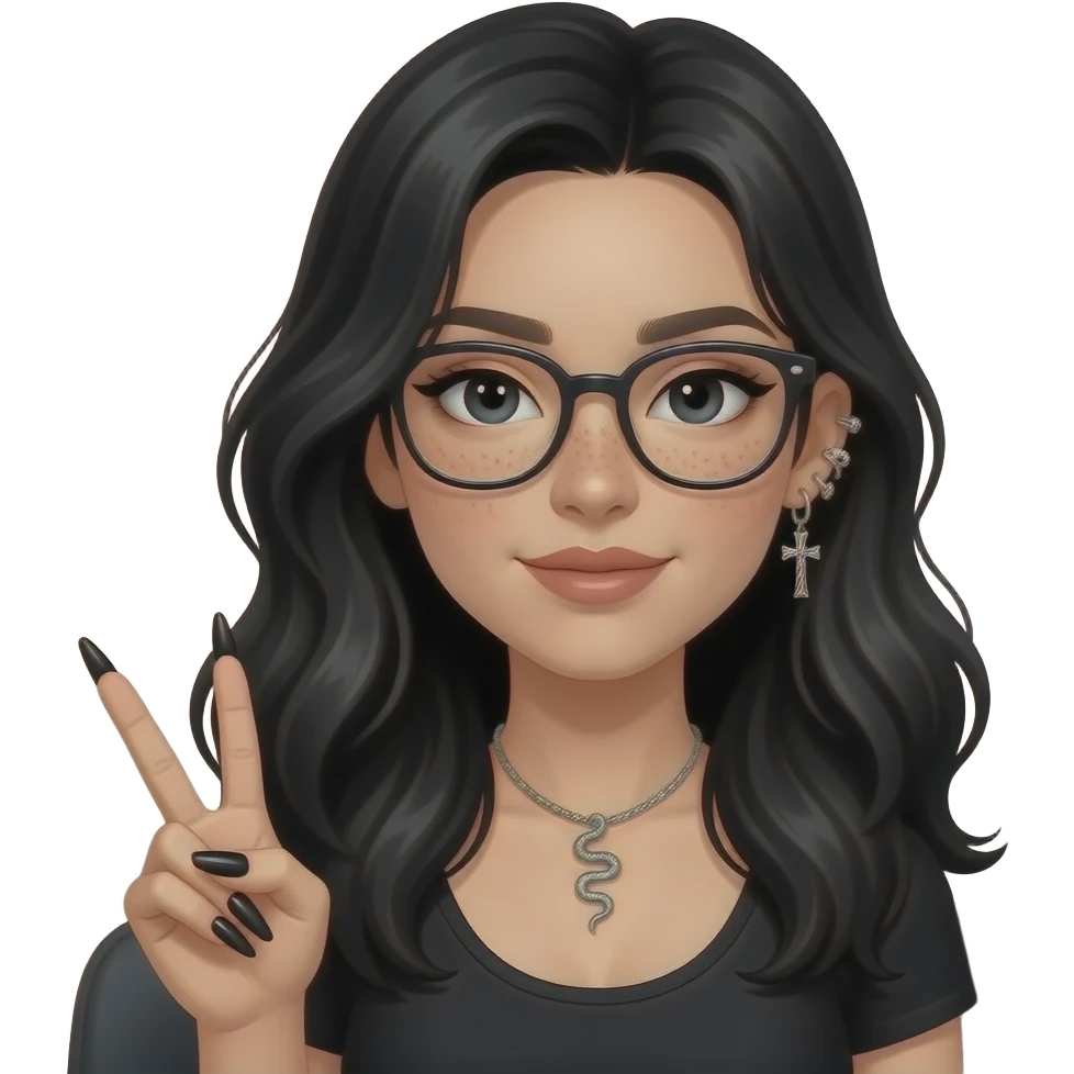 Girl in black, sitting (upper body), long voluminous hair, black eyes with light eyeliner, glasses, subtle freckles. Helix-to-lobe chain earrings with skeleton cross details, small silver snake necklace. Holding a peace sign, long black and silver nails with detailed designs emoji