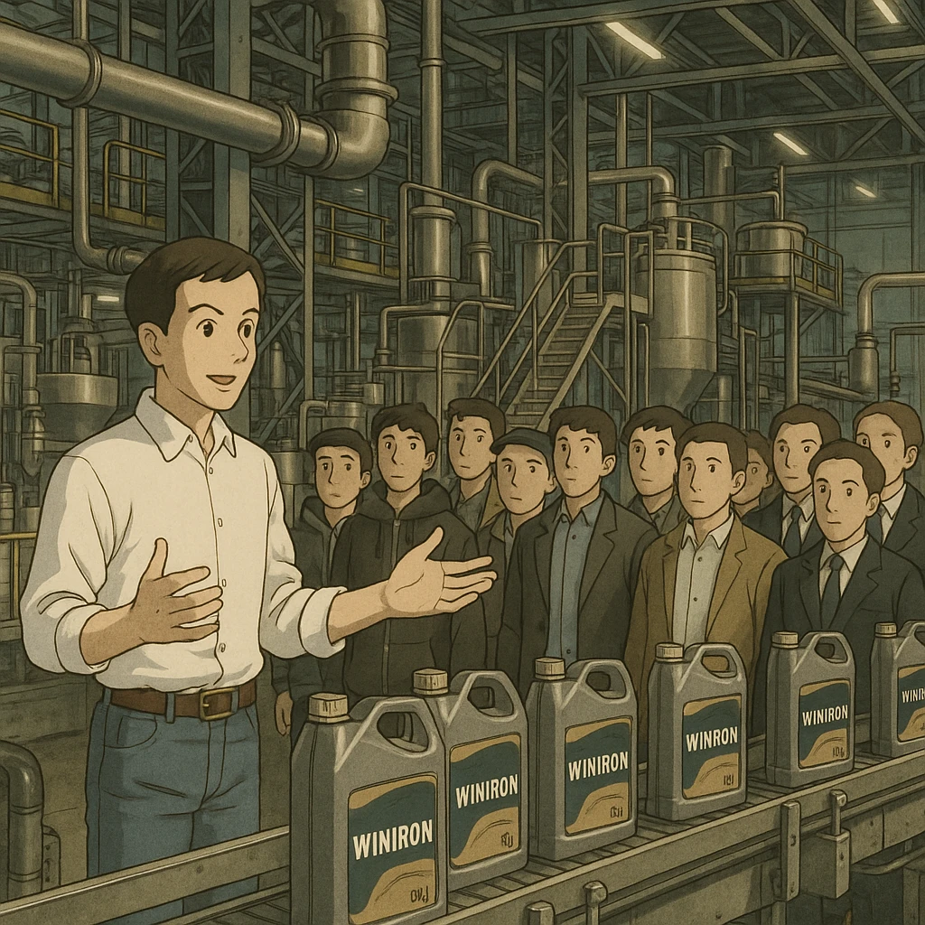 “Create a realistic industrial scene inside a modern motor-oil factory. The image must be in Instagram post size: 1080×1080 pixels, 1:1 ratio.

In the foreground, the factory director is introducing the facility. He is slightly slim, short hair, wearing a clean white men’s shirt and blue jeans, elegant appearance, using hand gestures while explaining.

In front of him, 10–12 male visitors listen attentively; they wear mixed clothing: some streetwear, some casual, some classic suits.

Background shows real production equipment, pipelines, steel structures, and conveyor lines used in motor-oil manufacturing. Use ONLY original Winiron canister design, no other brands. No label changes.

Cinematic lighting, premium look, realistic industrial atmosphere, sharp details, high-quality composition.” emoji