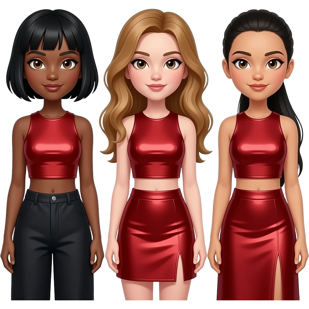 3LW with Naturi with dark skin, brown eyes, short black hair, red metallic crop top and baggy pants, Adrienne with brown eyes, light tan skin, long golden brown hair, red metallic crop top and skirt, Kiely with tan skin, hazel eyes, long black ponytail hair, red metallic crop top and long skirt emoji
