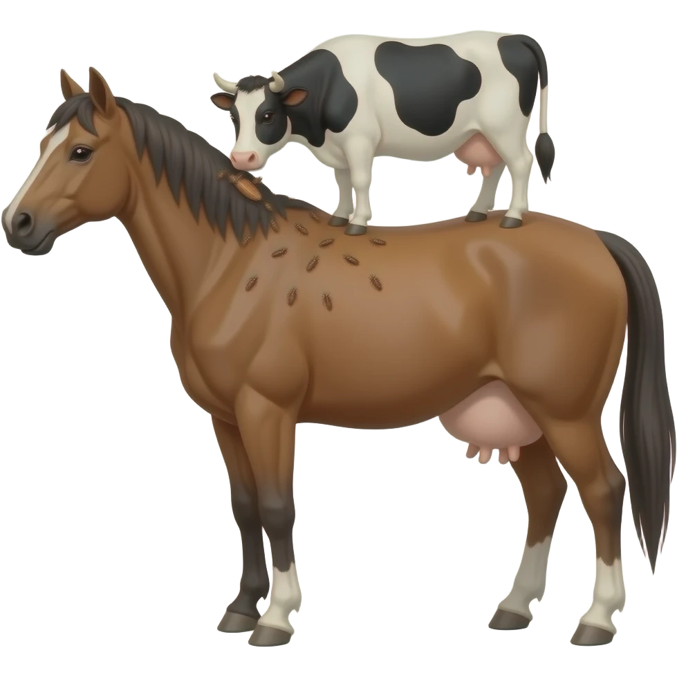 A cow getting fleas off a horses back from behind emoji