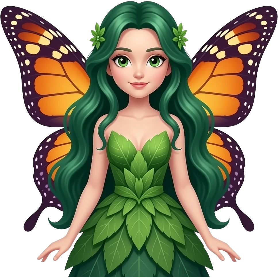 An elegant garden fairy with long flowing emerald-green hair, luminous green eyes, delicate butterfly wings in warm amber and deep violet, and a refined leaf-inspired dress, rendered in a sophisticated botanical fantasy style. emoji