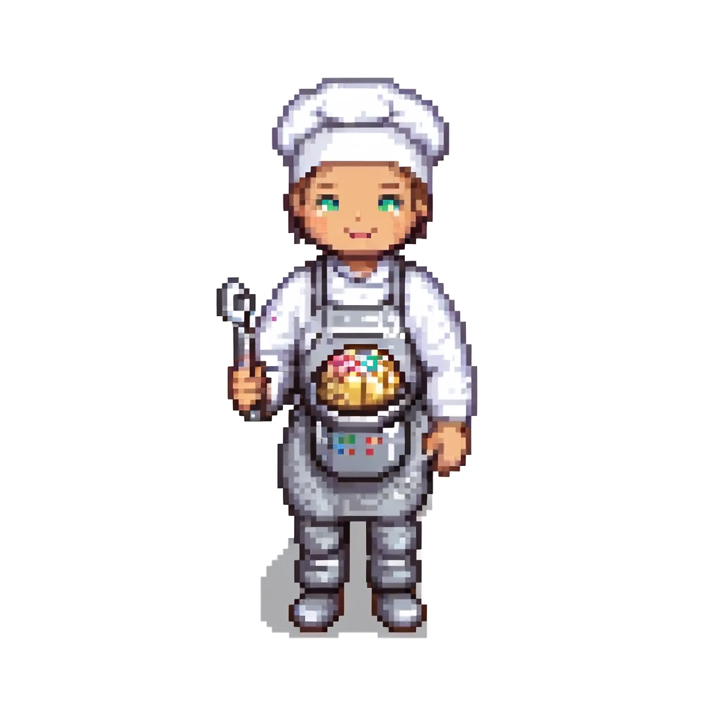 Portrait of a baker wearing a metallic baking suit with built-in tools, chrome textures and LED accents, skeuomorphism style emoji