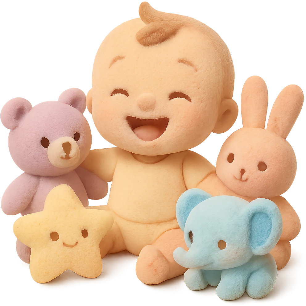 Make the toys much brighter and more vivid while keeping the baby cute and playful, pastel style, no background. emoji