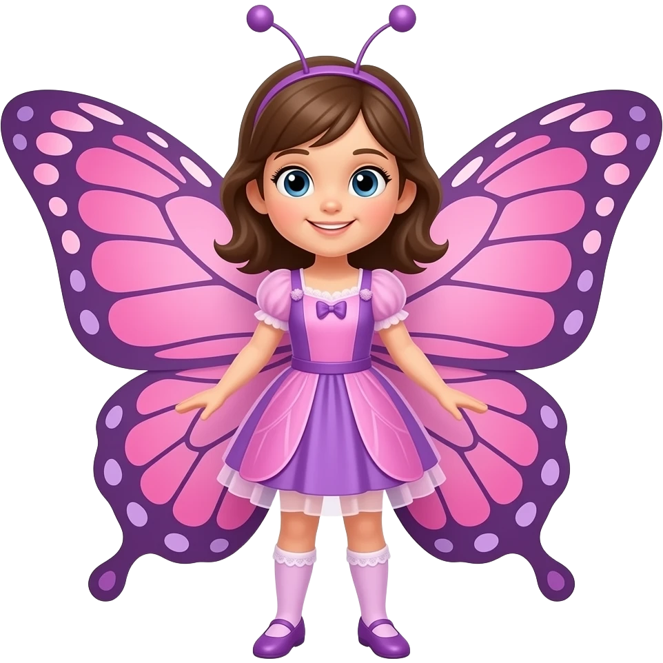 Niña de 5 años cuerpo completo de cabello castaño con traje de mariposa alas rosas con lila en color de rosa emoji