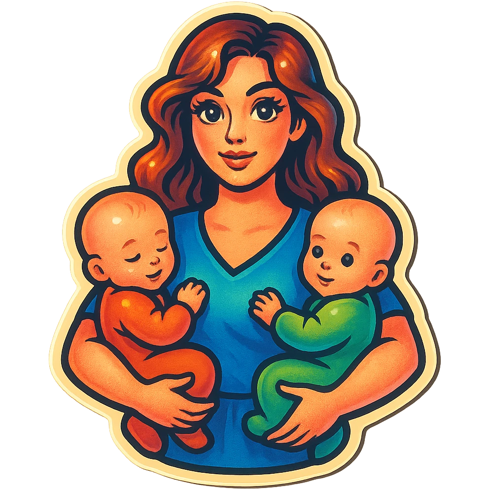 a mother standing with two babies in her arms, long wavy hair, big expressive eyes and lips, retro stickers style emoji