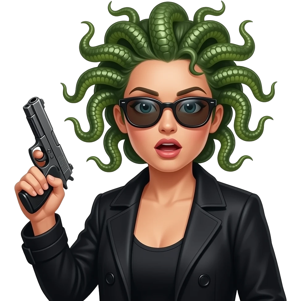 Surprised beautiful female Medusa in black coat with sunglasses holding gun emoji