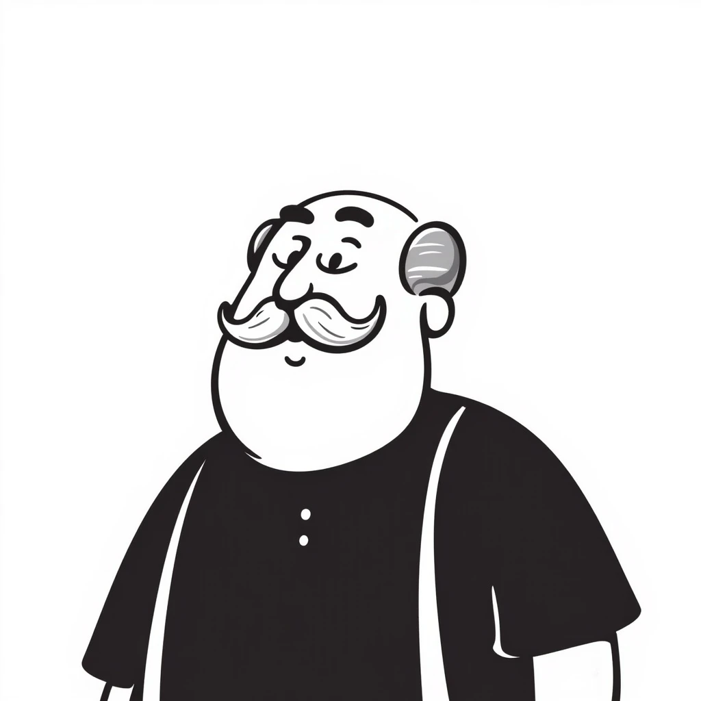 an elderly fat hairy grandpa, with a bushy mustache and balding head, wearing suspenders, hand-drawn doodle style emoji