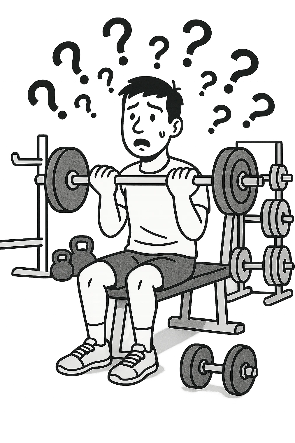 Uomo in palestra mentre si allena con tanti punti interrogativi intorno, confuso emoji