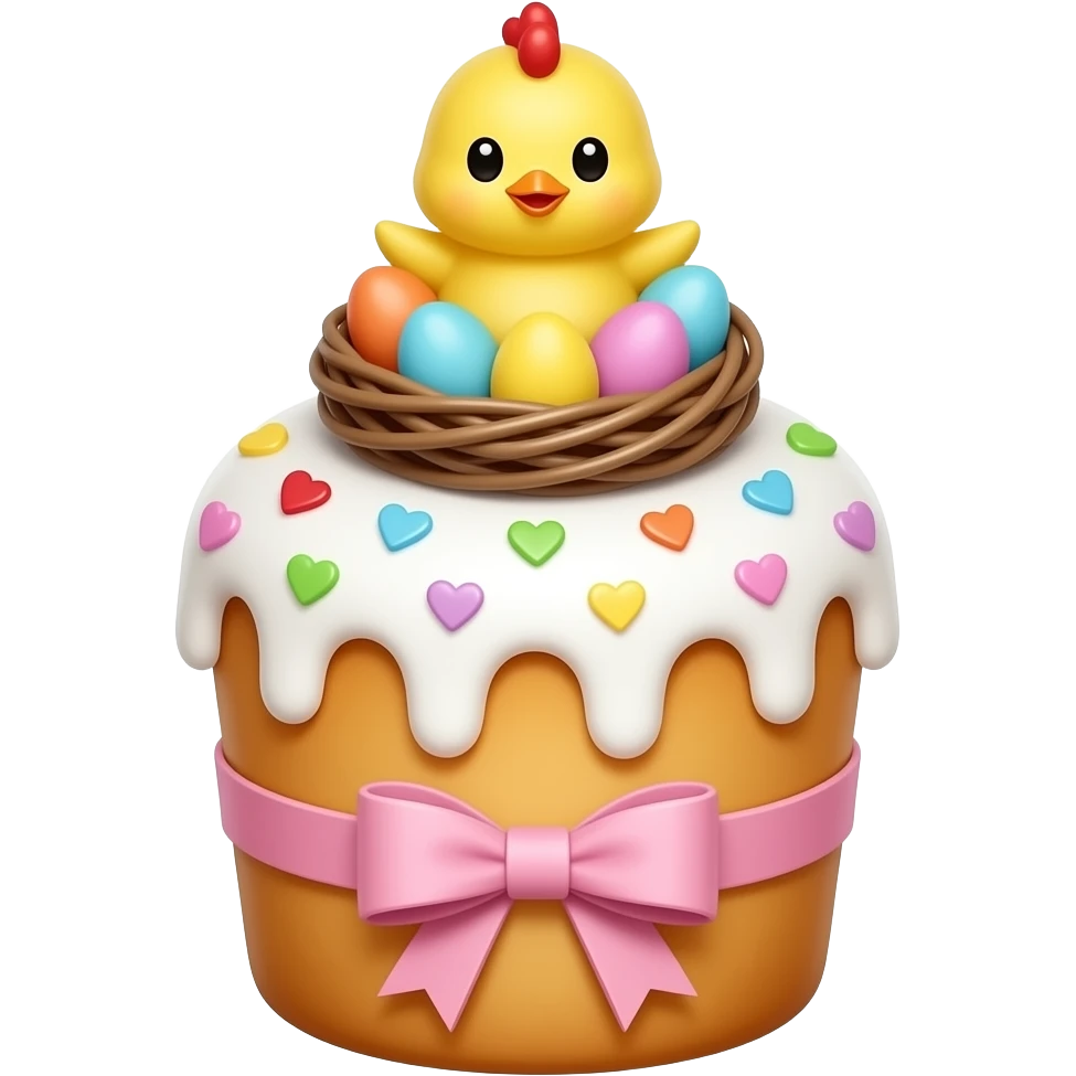 Выпечка итальянская  золотистого цвета, высокий, с белой глазурью с разноцветной  посыпкой в форме сердечек,  с ленточкой вокруг светло розового цвета и украшением сверху в виде гнездышка с очень мелкими  яичками пастельных, желтым пушистым птенчиком с красным гребешком emoji