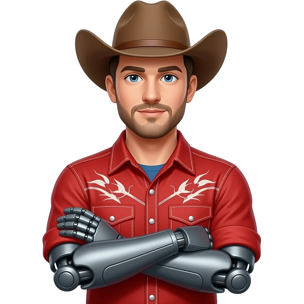 cowboy man with both bionic arm folded , red western cowboy dress cloth closeup emoji