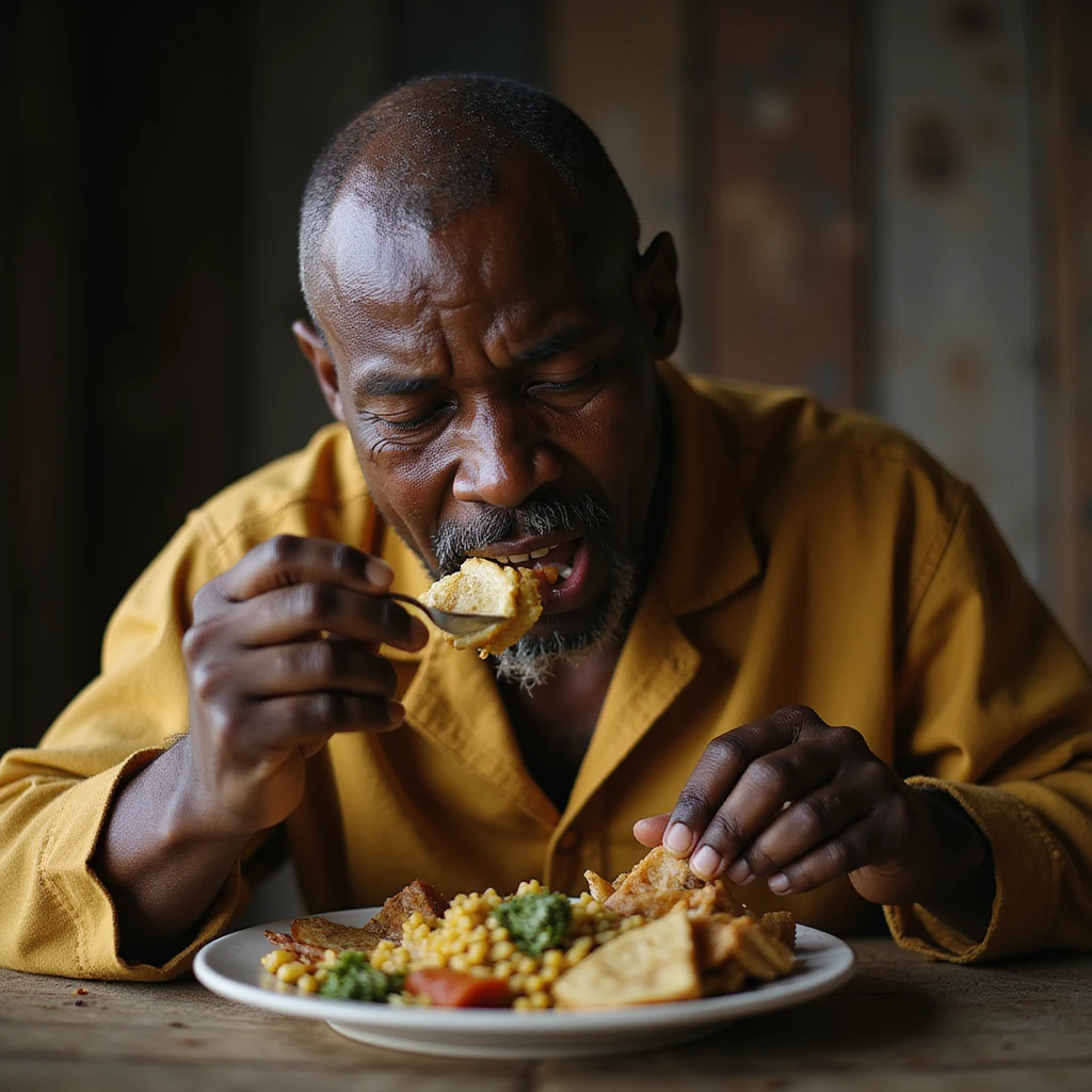 realistic style, expressive face, man eating sadza, traditional Zimbabwean meal, focus on food and expression emoji