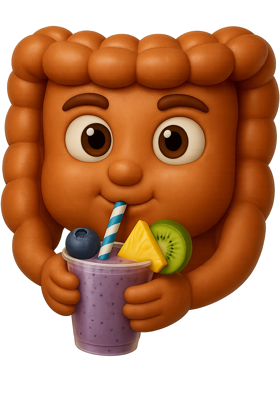 EMOJI STILE IPHONE DI un intestino umano anatomico che beve un frullato di mirtilli, ananas, kiwi, fagli anche la parte bianca degli occhi, non solo le pupille, REALISTICo 4K emoji
