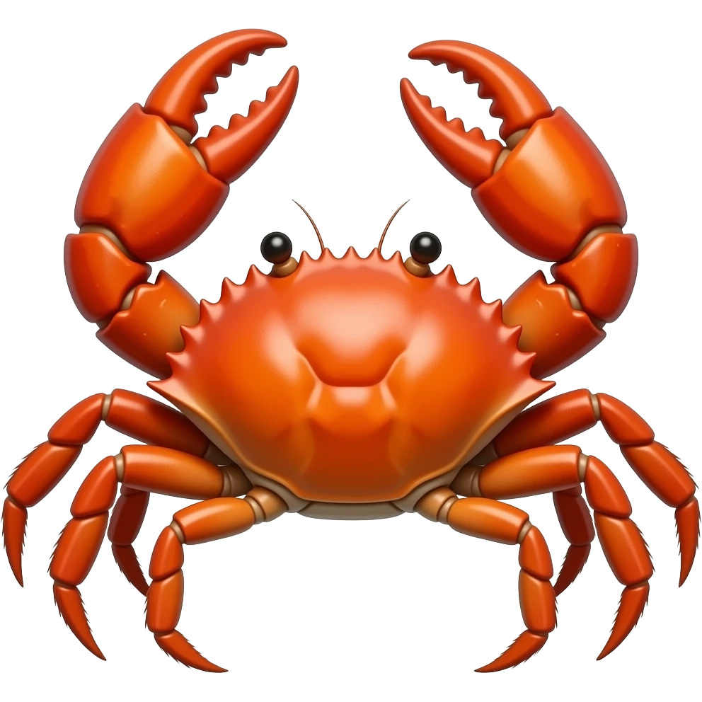 A crab emoji of realistic animal, front-facing toward the viewer, with both claws raised symmetrically. walking sideways, Bright red-orange shell, clean rounded shapes, flat vector style, bold outlines, centered composition, transparent background. emoji