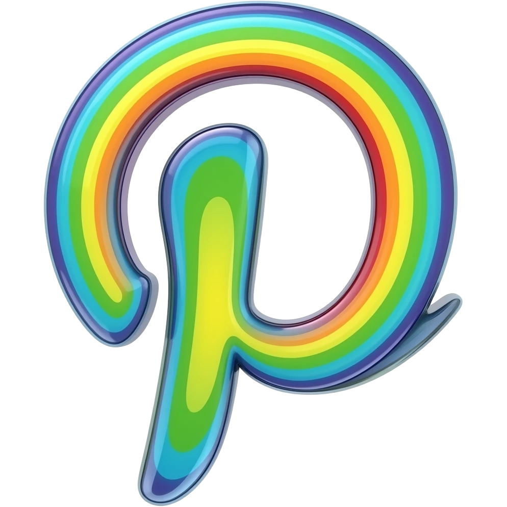 Pinterest logo in neon yellow and deep teal  in 3d style with all colors of the rainbow as a border outlined around each letter, isolated, 3d rendering, no emoji icons no emoji faces and must have no human figures emoji