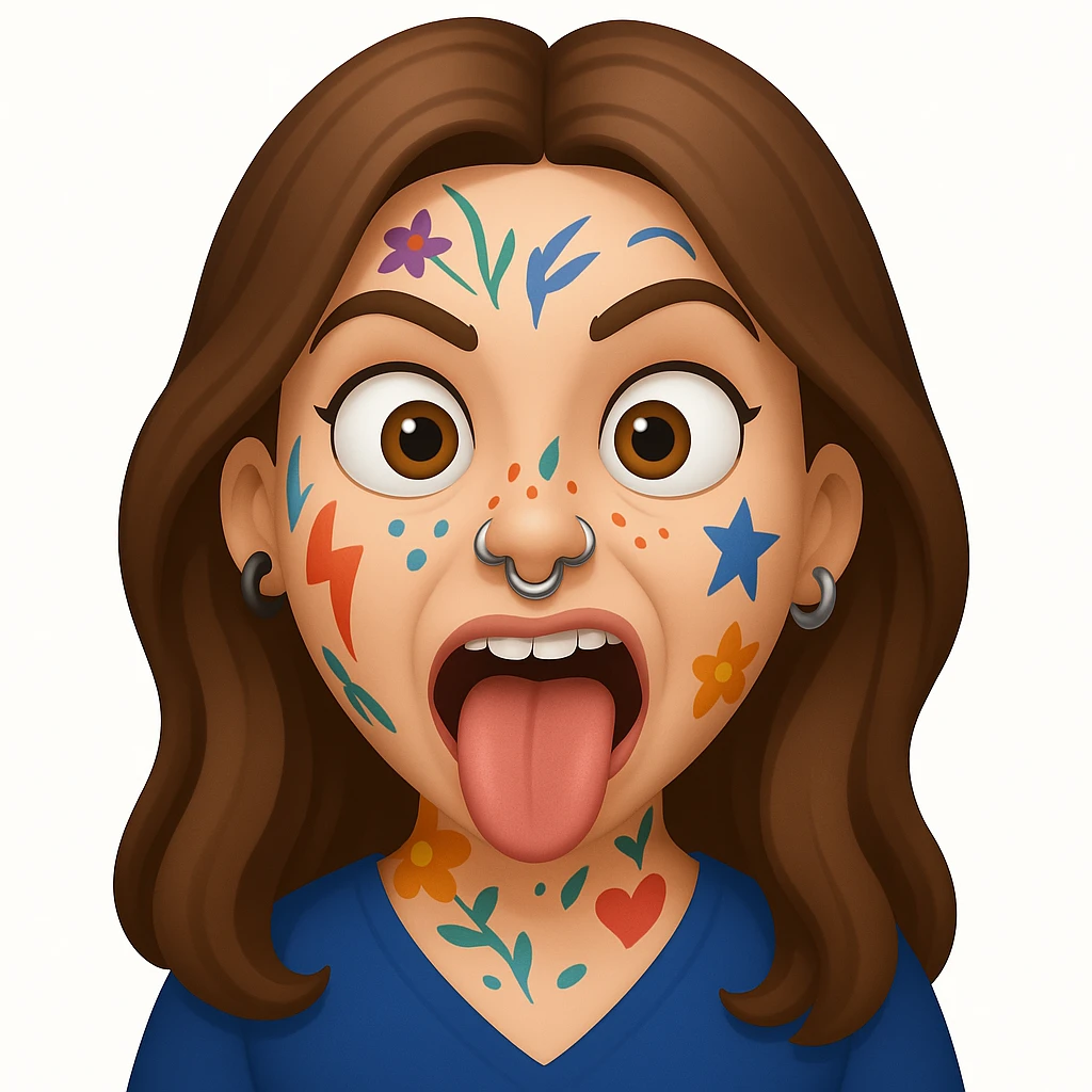 A 3D emoji in iOS emoji aesthetic style of a wild expressive person with colorful tattoos, multiple facial piercings, sticking out their tongue and making a funny face, glossy Apple-style design, clean white background, vibrant and bold look. emoji
