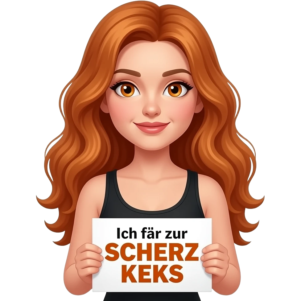 sexy girl with long wavy ginger hair and ginger eyes wearing a black tanktop is holding a white sign with Ich fahr zur SCHERZ KEKS written on it emoji